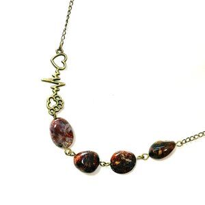Natural Earthy Pietersite Paw Print Heart Beat Mismatched Bronze Necklace